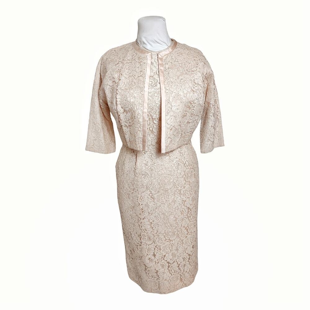 Vintage Dress Suit 2 Piece Lace and Satin Dress Cropped Jacket 3/4 Sleeves 1960s